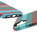 Striped Teal & Coral Magnetic Impact Phone Case exploded phone protection display, Fractyl magsafe compatible iphone 18 pro max case