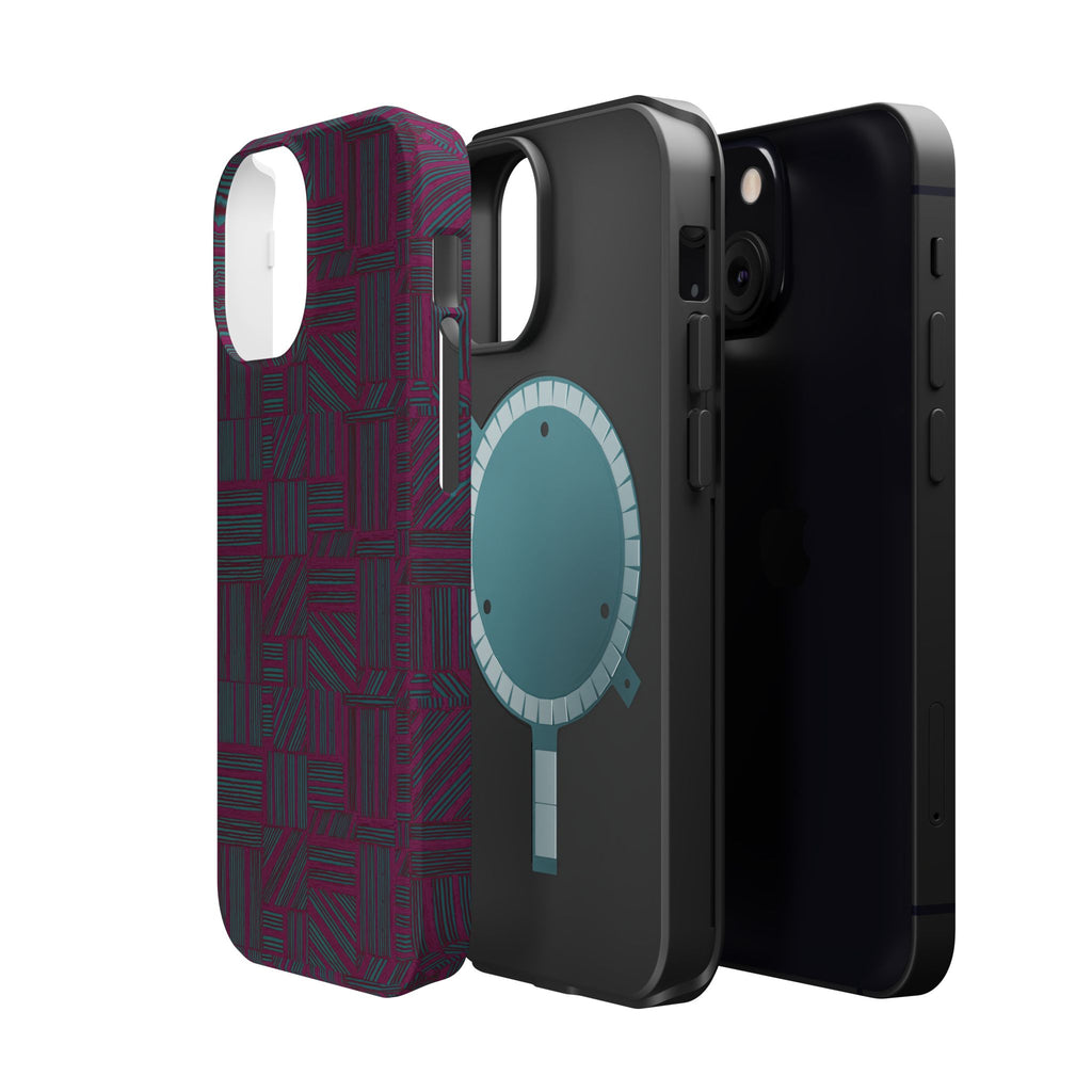 Slim Protective Phone Case With MagSafe, Dual-Layer Impact Protection, Plum Geometric Design, standing dual-camera phone case in a softly lit interior; slim protective iphone 16 promax  case.