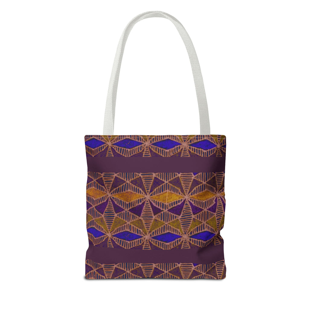 Bohemian Geometric Pattern Tote Bag — Purple & Gold All-Over Print, white-handle printed canvas tote with purple geometric artwork
