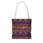 Bohemian Geometric Pattern Tote Bag — Purple & Gold All-Over Print, white-handle printed canvas tote with purple geometric artwork