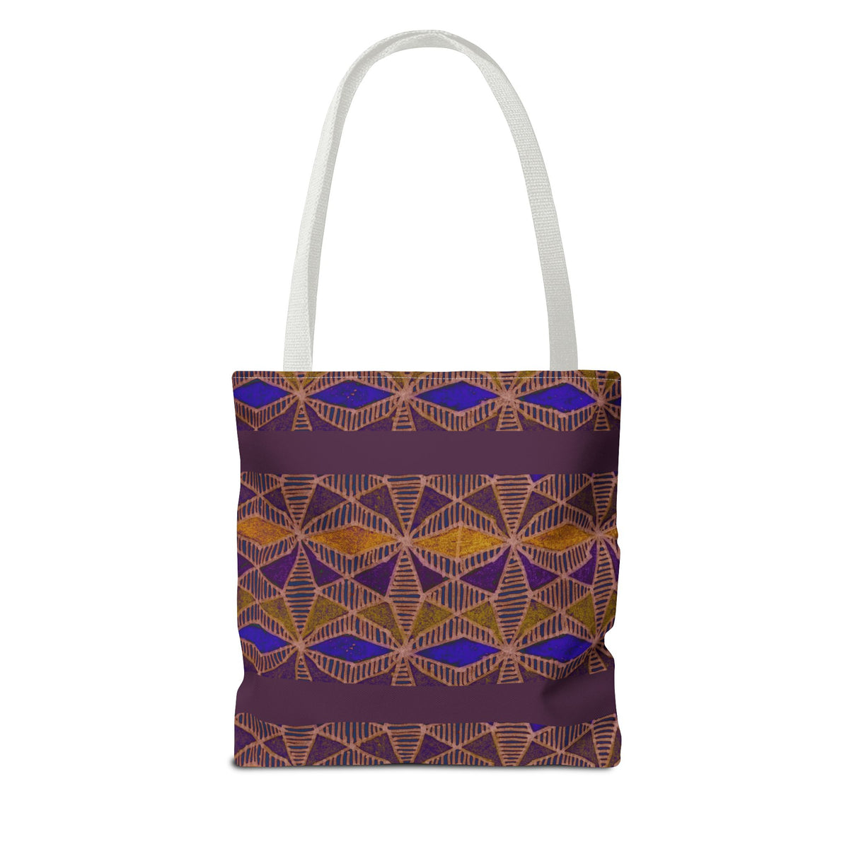Bohemian Geometric Pattern Tote Bag — Purple & Gold All-Over Print, white-handle printed canvas tote with purple geometric artwork
