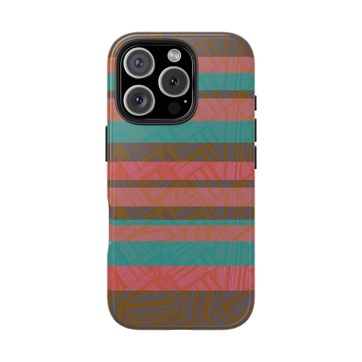 Striped Tribal Tough Phone Case — Retro Teal & Coral Protective Cover with dual-camera compatibility and slim fractyl shockproof iphone 17 pro case construction