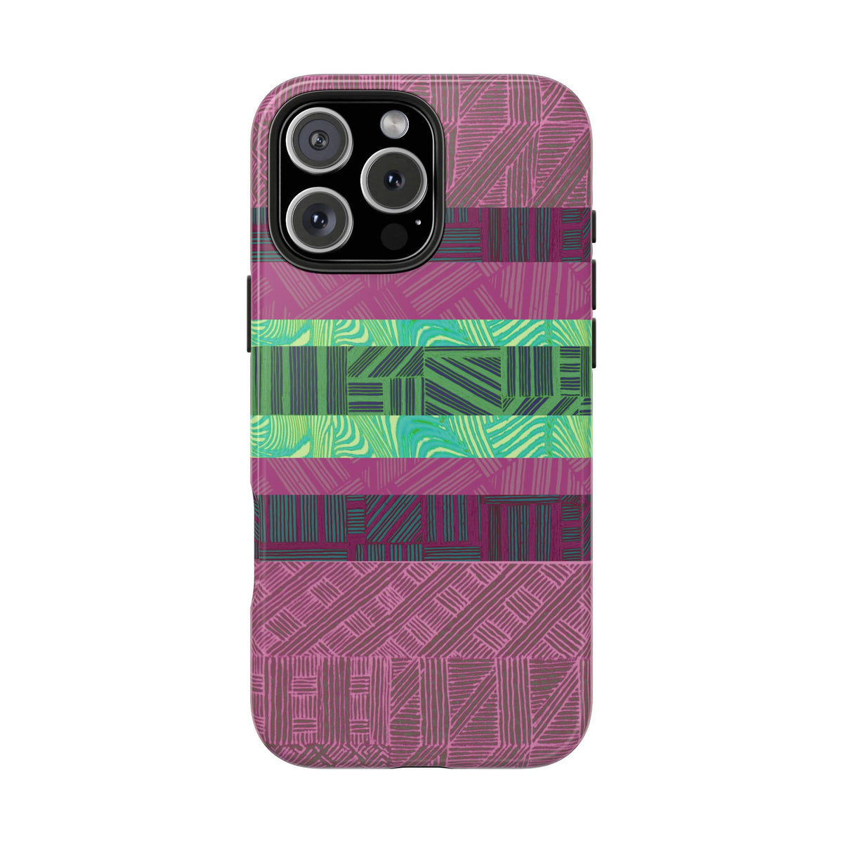 Fractyl glossy protective iphone 18 pro max case, Geometric Stripes Tough Phone Case — Purple & Teal Tribal Pattern, purple mauve and teal design