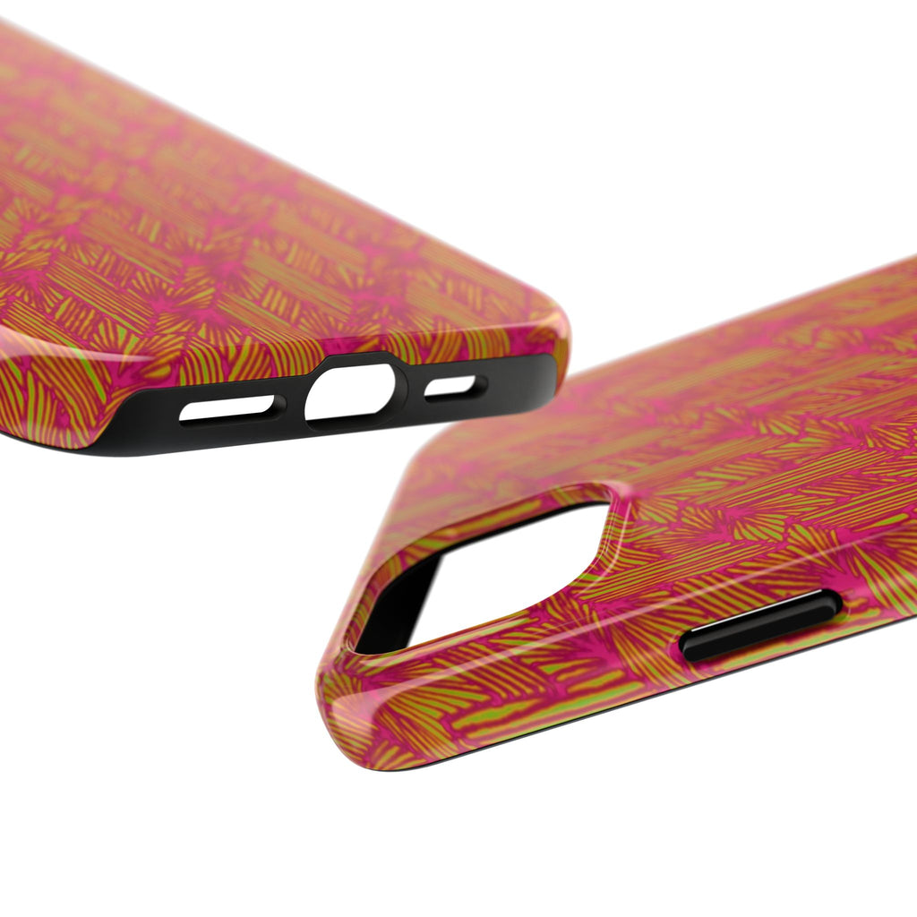 Tough Phone Case — Vibrant Tropical Herringbone Pattern, impact resistant iphone 17 case close-up with triple camera protection