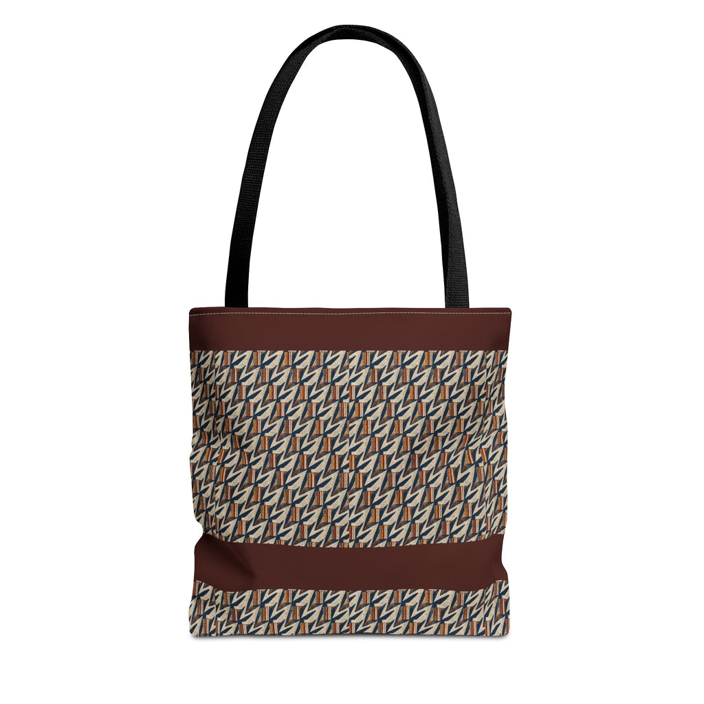 Geometric Retro Stripe Tote Bag – Vintage Brown Patterned AOP Tote with black handles, a large everyday cotton tote for markets and daily errands