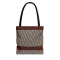 Geometric Retro Stripe Tote Bag – Vintage Brown Patterned AOP Tote with black handles, a large everyday cotton tote for markets and daily errands
