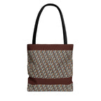 Geometric Retro Stripe Tote Bag – Vintage Brown Patterned AOP Tote with black handles, a large everyday cotton tote for markets and daily errands