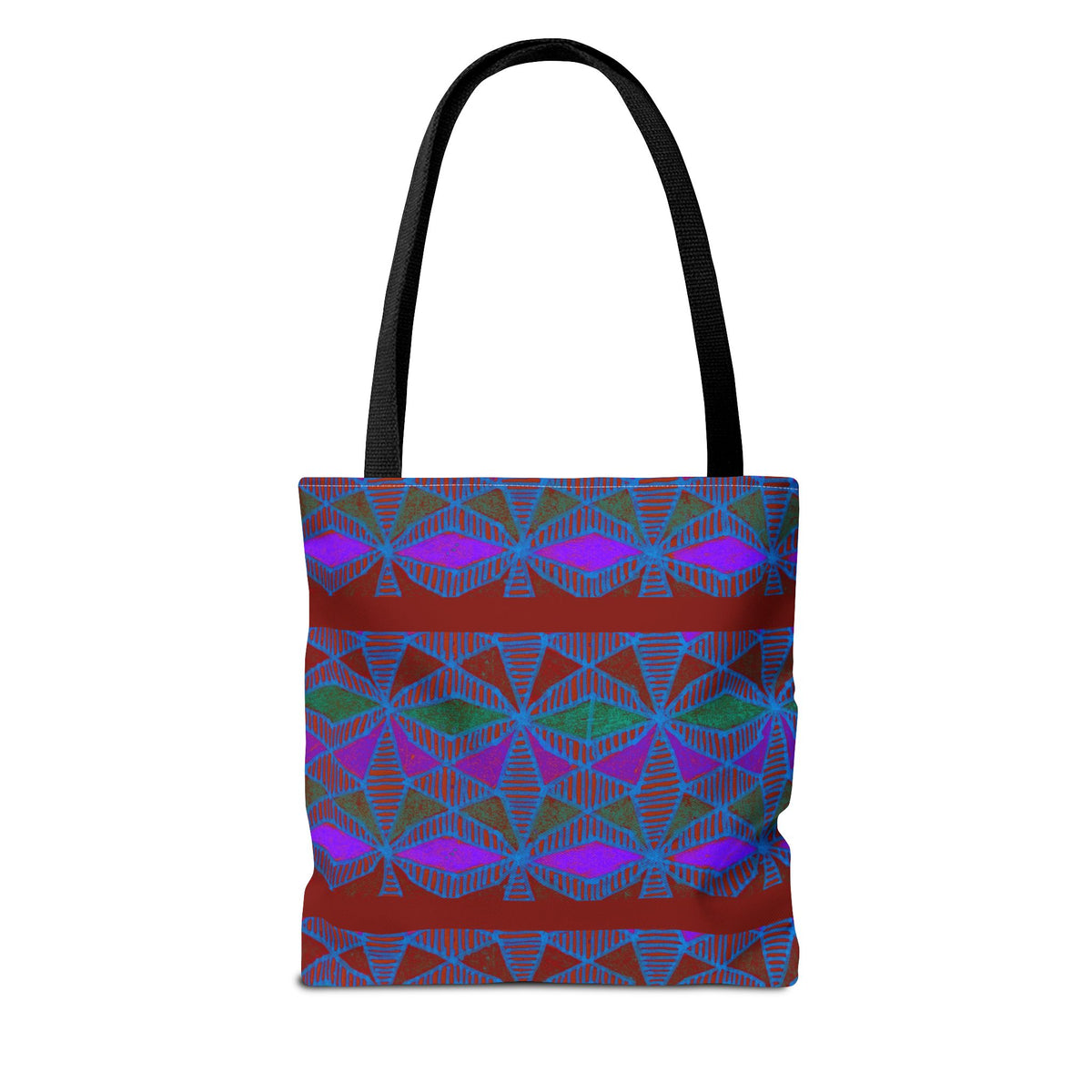 Geometric Heart Pattern Tote Bag — Vintage Tribal All-Over Print, roomy geometric canvas tote bag with black handles and bold multicolor pattern
