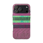 Fractyl glossy protective iphone 18 pro max case, Geometric Stripes Tough Phone Case — Purple & Teal Tribal Pattern, close-up of glossy geometric texture