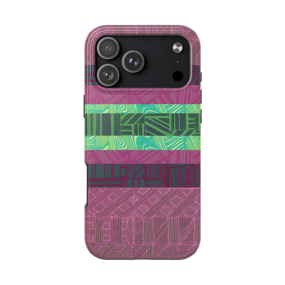 Fractyl glossy protective iphone 18 pro max case, Geometric Stripes Tough Phone Case — Purple & Teal Tribal Pattern, close-up of glossy geometric texture