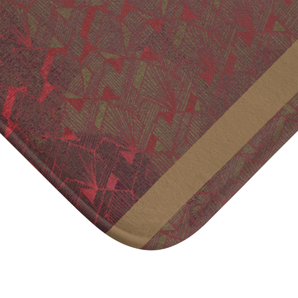 Rustic Red Houndstooth Bath Mat with Tan Border — Cozy Vintage Bathroom Rug