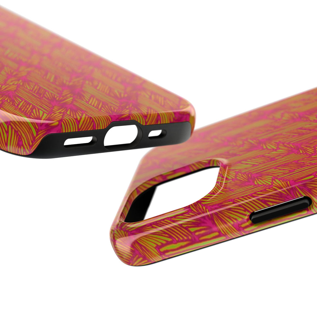 Tough Phone Case — Vibrant Tropical Herringbone Pattern, impact resistant iphone 17 case close-up highlighting raised camera protection