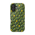 Dual-Layer Impact-Resistant MagSafe iPhone 17 Case, Green Geometric Lemon Pattern shown from the back with vibrant yellow lemons, green angular shapes, and precise camera cutouts.