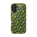 Dual-Layer Impact-Resistant MagSafe iPhone 17 Case, Green Geometric Lemon Pattern shown from the back with vibrant yellow lemons, green angular shapes, and precise camera cutouts.