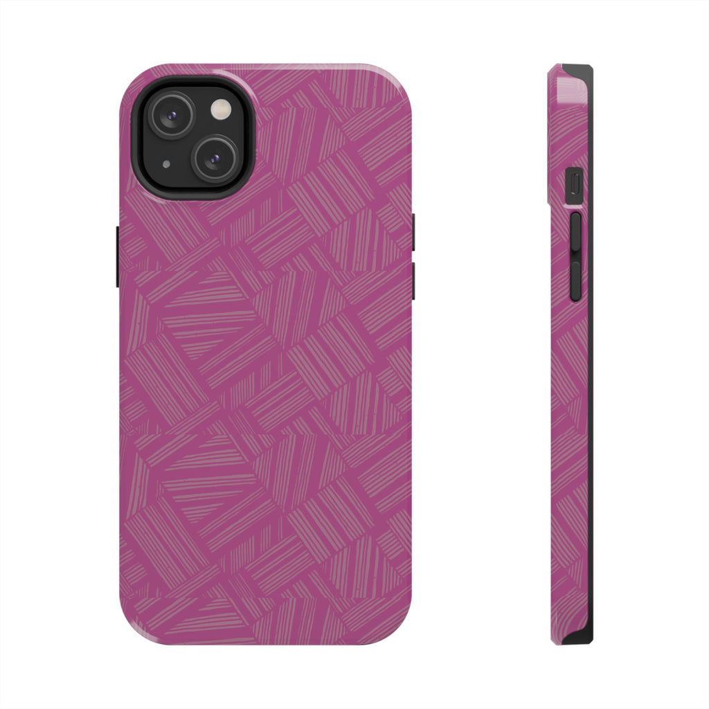Magenta Geo Pattern Tough Phone Case — Protective Floral-Style Abstract Design, wireless charging iphone 18 pro case with open port and speaker cutouts.