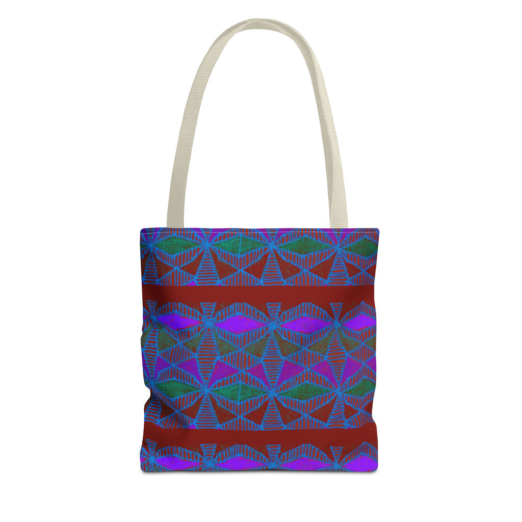 Geometric Heart Pattern Tote Bag — Vintage Tribal All-Over Print, geometric canvas tote bag with cream handles and colorful geometric pattern