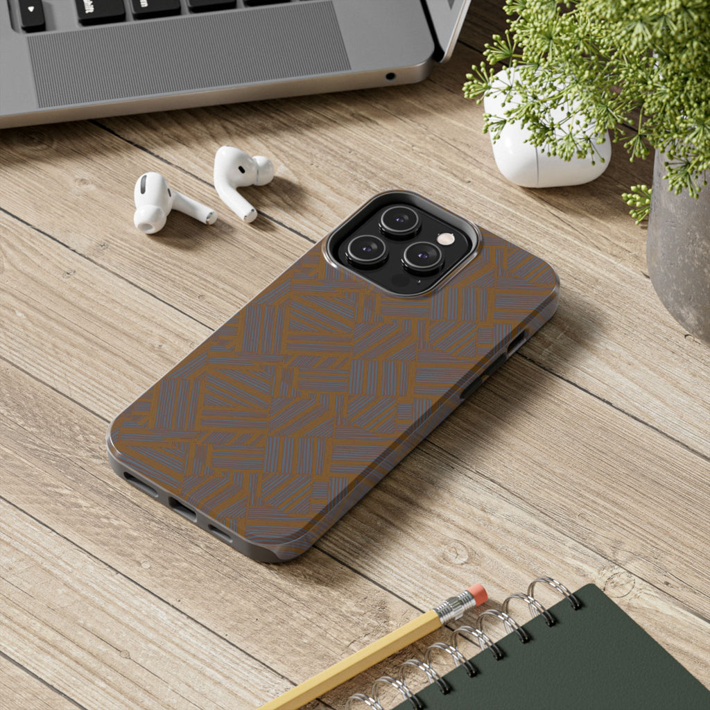 Tough Phone Case — Geometric Maze Brown Protective Cover, wireless charging iphone 18 pro max case with precise side controls and camera opening.
