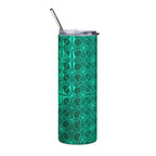 20 Oz Emerald Geometric Stainless Steel Tumbler with Reusable Metal Straw, side view highlighting the vibrant emerald pattern and clear sipping lid on a 20 oz stainless tumbler