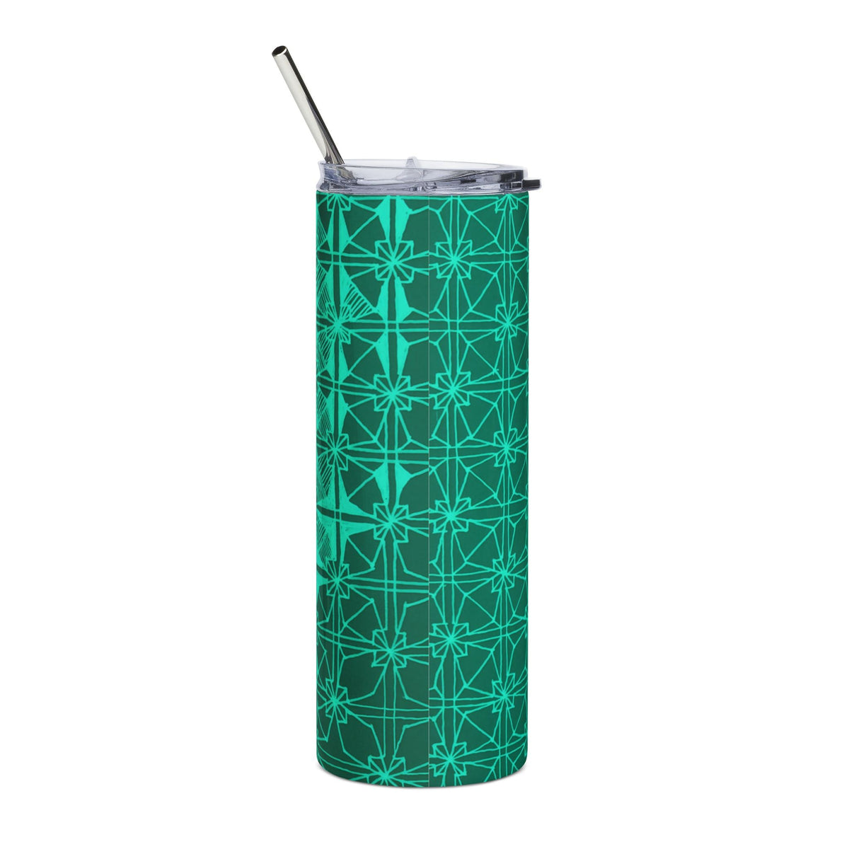20 Oz Emerald Geometric Stainless Steel Tumbler with Reusable Metal Straw, side view highlighting the vibrant emerald pattern and clear sipping lid on a 20 oz stainless tumbler