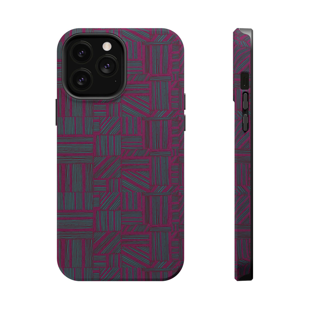 Slim Protective Phone Case With MagSafe, Dual-Layer Impact Protection, Plum Geometric Design, rear and side angle showing camera protection and controls; slim protective iphone 16 promax  case.