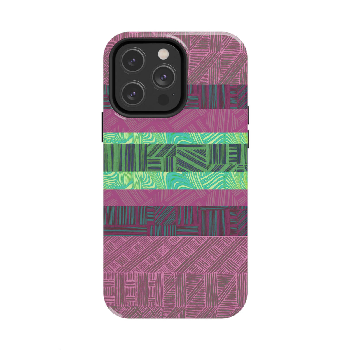 Fractyl glossy protective iphone 18 pro max case, Geometric Stripes Tough Phone Case — Purple & Teal Tribal Pattern, purple and teal geometric back design