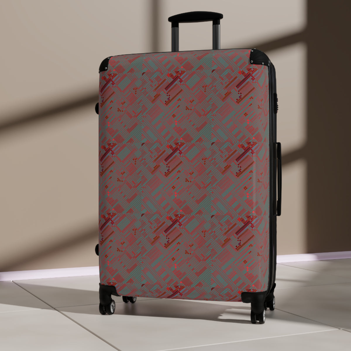 Red Geometric Pattern Carry-On Suitcase — Modern Travel Luggage