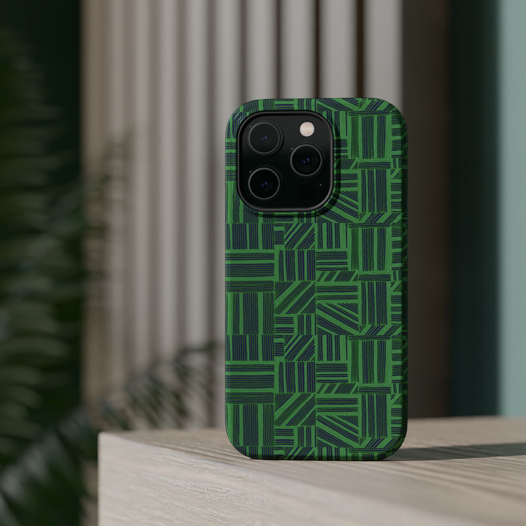 Green Magnetic Phone Case — 2-Layer Geometric MagSafe-Compatible Impact-Resistant Cover, green magnetic phone case- price match with CASETiFY and Casely, angled green protective case product shot.