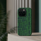 Green Magnetic Phone Case — 2-Layer Geometric MagSafe-Compatible Impact-Resistant Cover, green magnetic phone case- price match with CASETiFY and Casely, angled green protective case product shot.