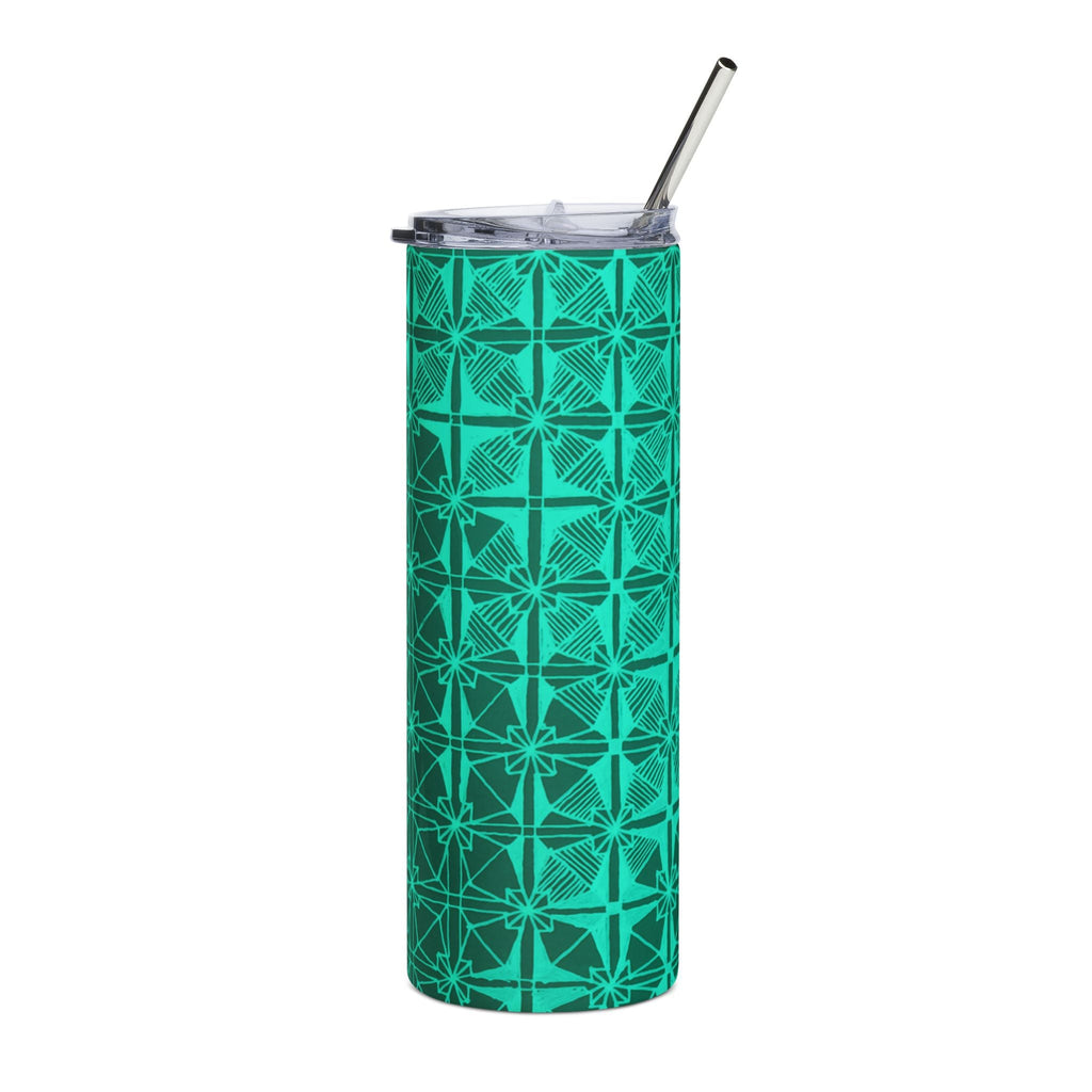 20 Oz Emerald Geometric Stainless Steel Tumbler with Reusable Metal Straw, front view of a stylish 20 oz stainless tumbler with clear lid and reusable metal straw