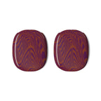 Close-up of the colorful earcup covers with a striking purple and orange woodgrain design. Vintage style earcup shells from Printify, perfect for adding character to your AirPods Max.