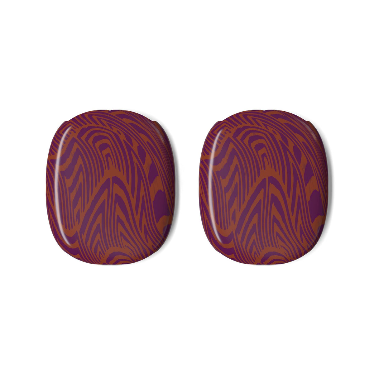 Close-up of the colorful earcup covers with a striking purple and orange woodgrain design. Vintage style earcup shells from Printify, perfect for adding character to your AirPods Max.