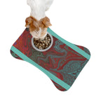 Dog eating from a bowl placed on the Marbled Red & Teal Pet Feeding Mat — Non-Slip Dog & Cat Placemat. The non-slip dog placemat ensures stability during mealtime.