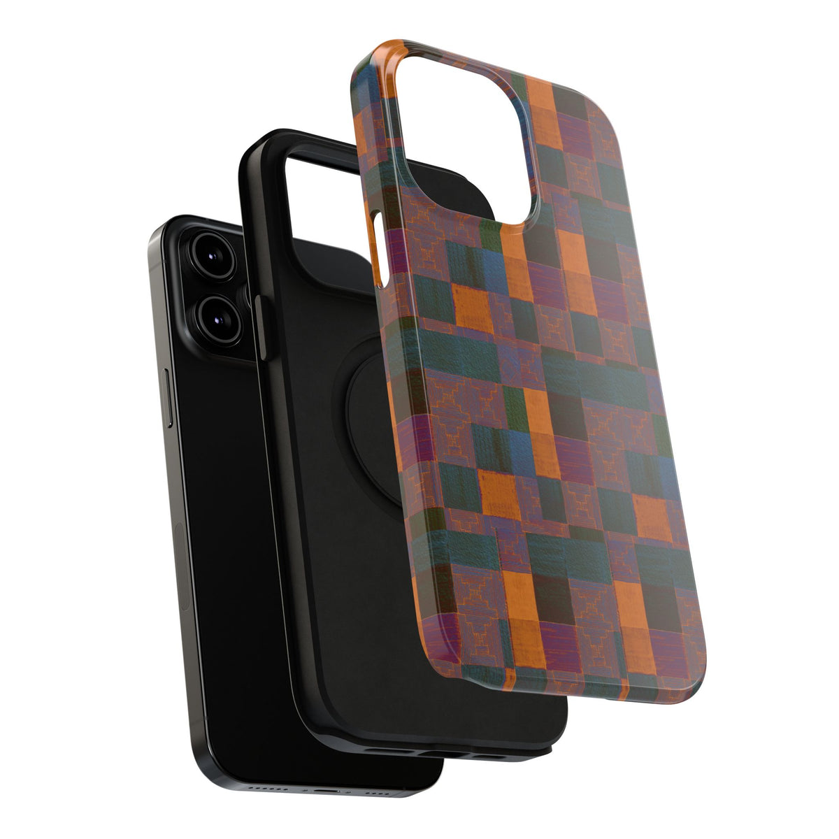 Impact-Resistant Phone Case — Retro Checkerboard Pattern, Fractyl wireless charging iphone 18 pro case shown in an angled lifestyle-style product view.