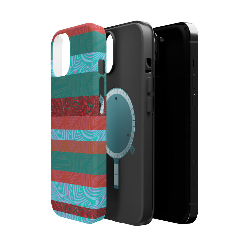 Striped Teal & Coral Magnetic Impact Phone Case side view with tactile buttons, Fractyl magsafe compatible iphone 18 pro max case