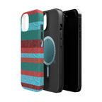 Striped Teal & Coral Magnetic Impact Phone Case side view with tactile buttons, Fractyl magsafe compatible iphone 18 pro max case