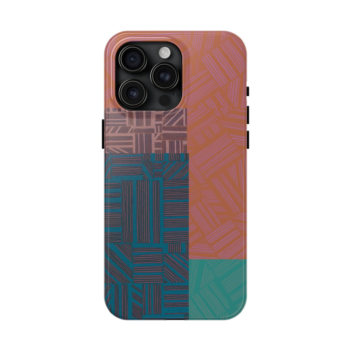Abstract Geometric Tough Phone Case — Retro Block Pattern, retro iphone 18 pro max case shown with a vibrant modern geometric patchwork pattern.