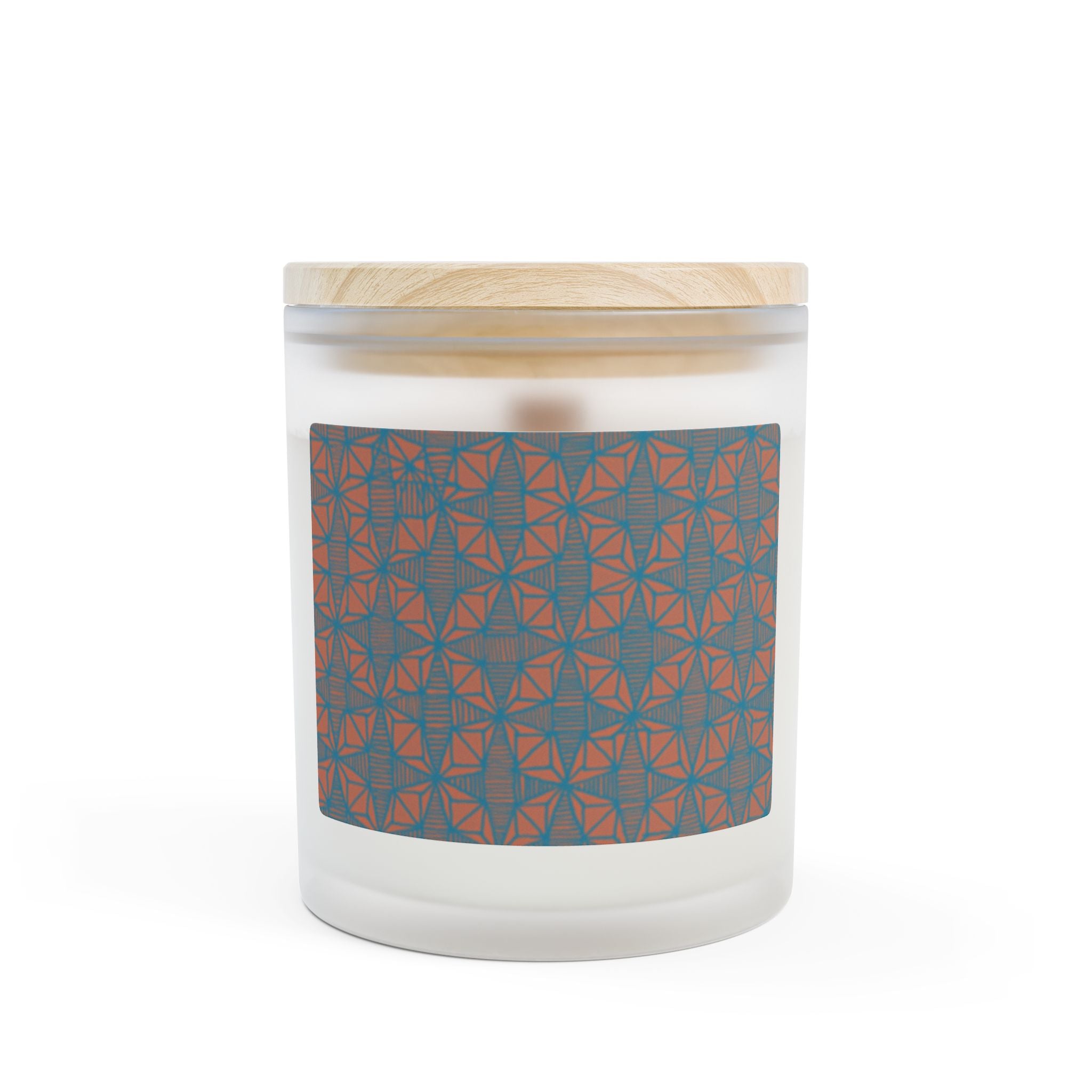 Stylishly displayed Frosted Glass Candle — Warm Geometric Pattern Scented Candle for Home with a wooden lid, highlighting its elegant design, perfect for enhancing home decor.