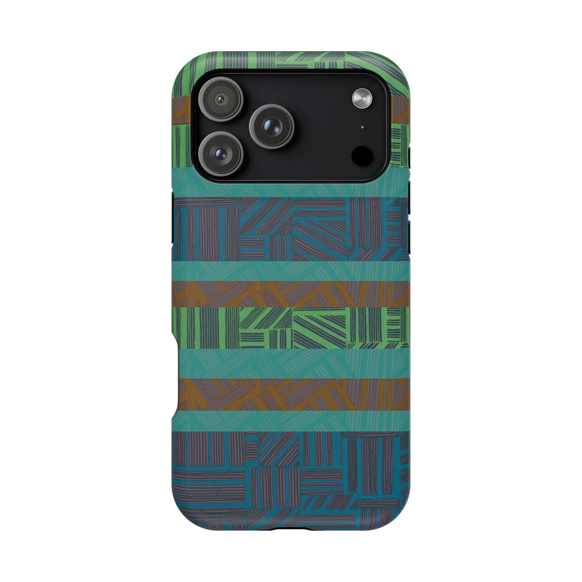 Green Geometric Stripe Phone Case — Impact-Resistant, wireless charging iphone 16 pro max case with bold horizontal teal stripes.