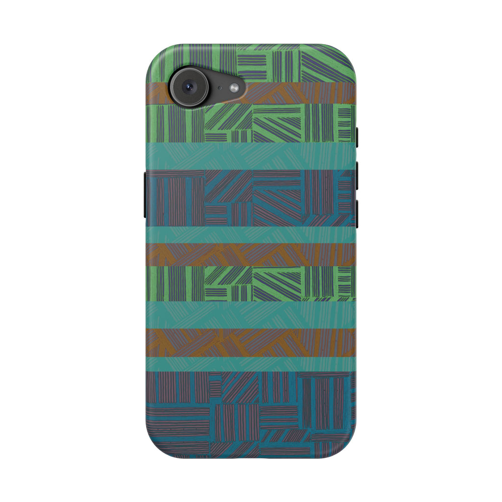 Green Geometric Stripe Phone Case — Impact-Resistant, wireless charging iphone 16 pro max case with detailed green and blue stripe composition.