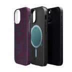 Slim Protective Phone Case With MagSafe, Dual-Layer Impact Protection, Plum Geometric Design, interior lifestyle image showing the phone case standing securely; slim protective iphone 16 promax  case.