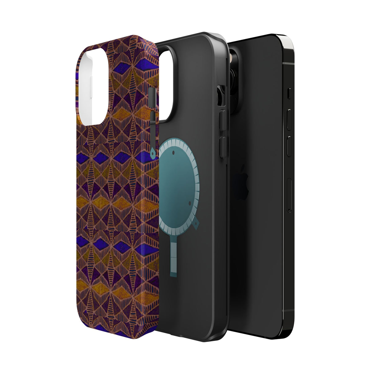 Phone Case — Geometric Tribal Pattern Magnetic Impact-Resistant Case, Fractyl impact resistant iphone 16 pro case photographed in a dynamic lifestyle scene with rich geometric artwork.