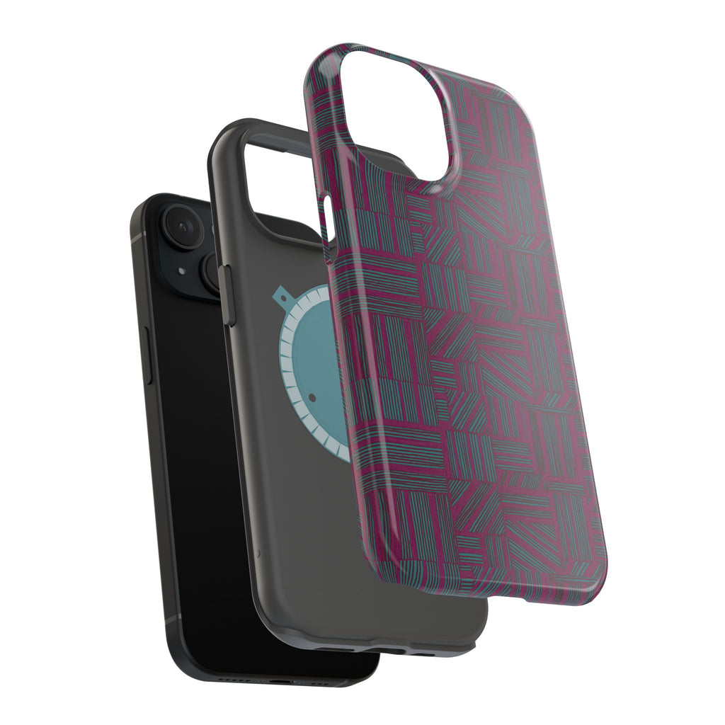 Slim Protective Phone Case With MagSafe, Dual-Layer Impact Protection, Plum Geometric Design, detailed lower edge showing precise port and speaker cutouts; slim protective iphone 16 promax  case.