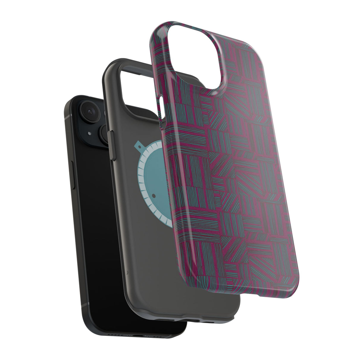 Slim Protective Phone Case With MagSafe, Dual-Layer Impact Protection, Plum Geometric Design, detailed lower edge showing precise port and speaker cutouts; slim protective iphone 16 promax  case.