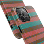Striped Tribal Tough Phone Case — Retro Teal & Coral Protective Cover showing a close-up of the raised camera bezel on a fractyl shockproof iphone 17 pro case