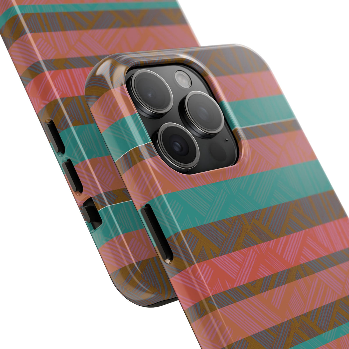 Striped Tribal Tough Phone Case — Retro Teal & Coral Protective Cover showing a close-up of the raised camera bezel on a fractyl shockproof iphone 17 pro case