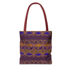 Bohemian Geometric Pattern Tote Bag — Purple & Gold All-Over Print, burgundy-handle printed canvas tote with artistic geometric print