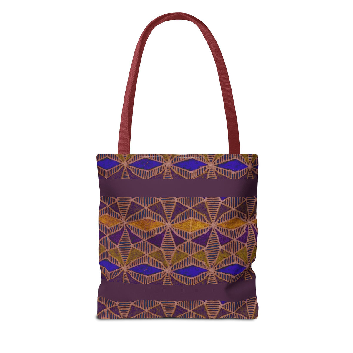 Bohemian Geometric Pattern Tote Bag — Purple & Gold All-Over Print, burgundy-handle printed canvas tote with artistic geometric print