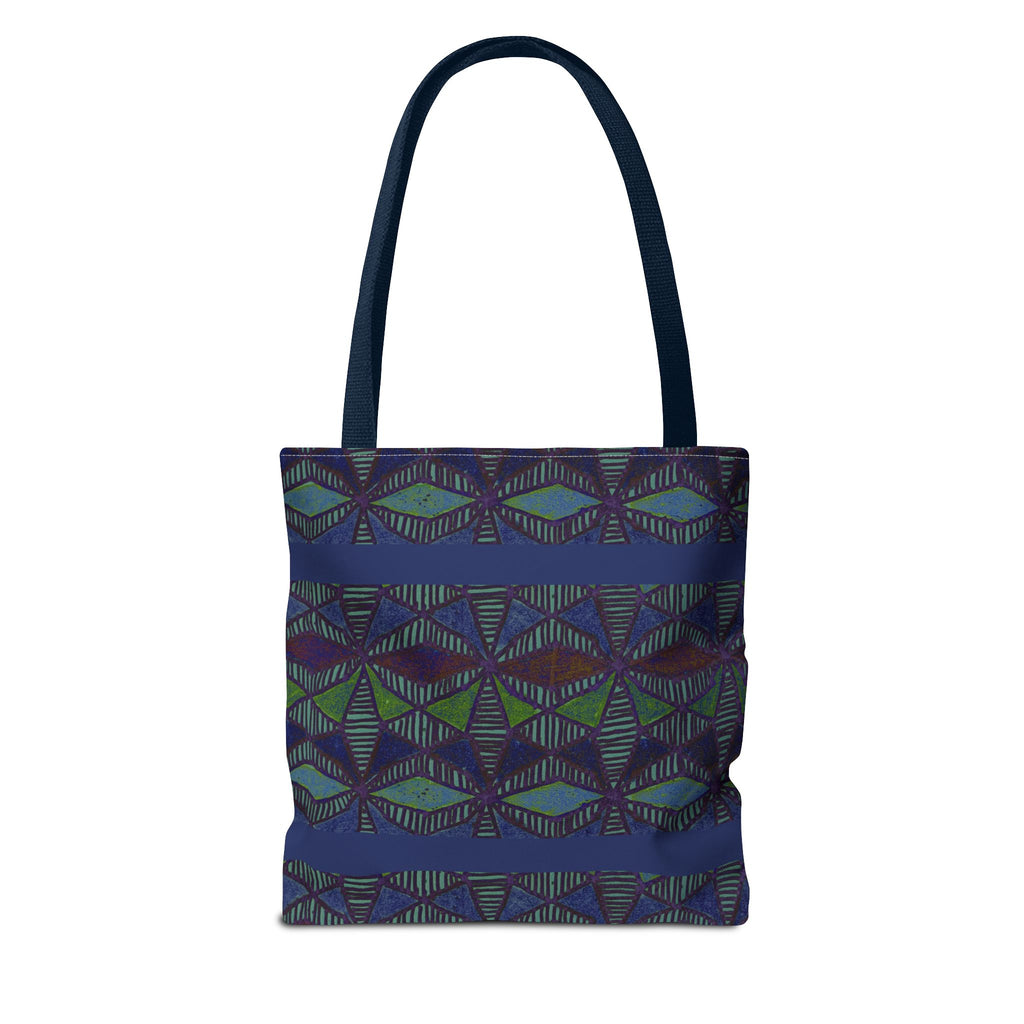 Geometric Indigo Printed Canvas Market Tote With Reinforced Handles And Boxed Corners, large cotton tote with navy handles shown from the back