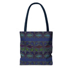 Geometric Indigo Printed Canvas Market Tote With Reinforced Handles And Boxed Corners, large cotton tote with navy handles shown from the back
