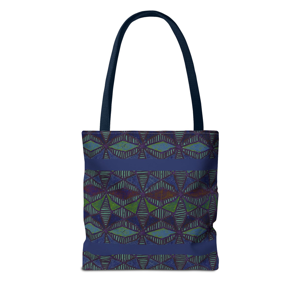 Geometric Indigo Printed Canvas Market Tote With Reinforced Handles And Boxed Corners, large cotton tote with navy handles shown from the back